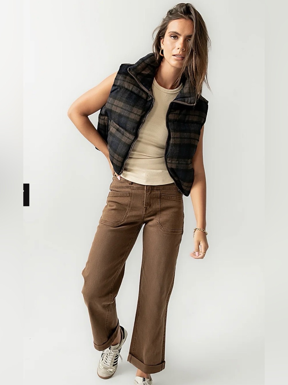 Stoosh Brown & Navy Plaid Crop Puffer Vest